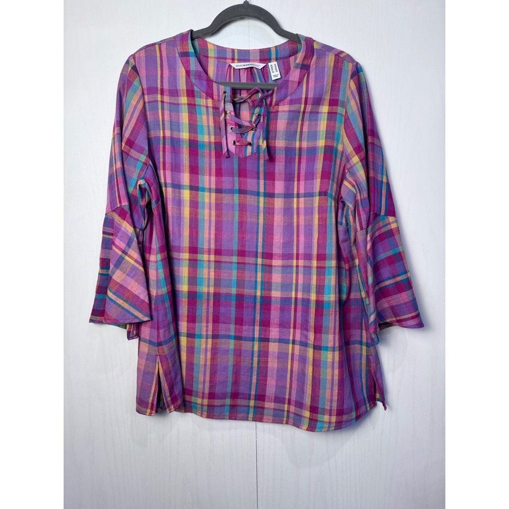 ISAAC‎ MIZRAHI LIVE! Size 14 Madras Fuchsia Plaid Bell Sleeve Lace-Up Blouse